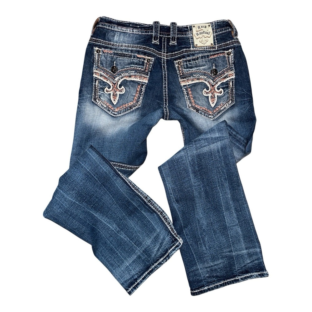Rock Revival Mens 36 x 33 James Bootcut Jeans Blue Thick Stitch Embroidered Y2K